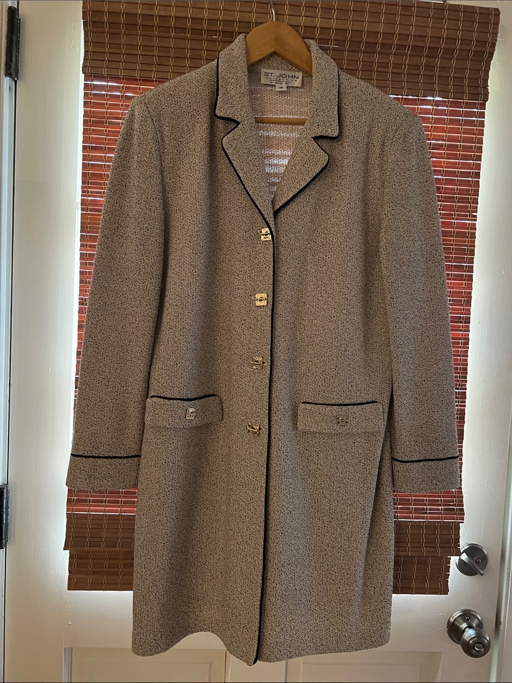 St. John Cream Bouclé Long Blazer with Black Trim